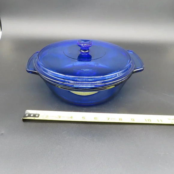 Cobalt Blue Vintage 2 QT Anchor Ovenware Covered Casserole Dish W Handles & Lid - Picture 3 of 9